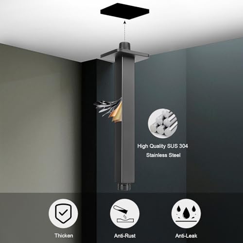 Image of Ceiling Mounted Shower Arm, Rain Shower Square Extension Arm with Flange and Teflon Tape Stainless Steel Ceiling Mount Shower Extender (8 Inch, Matte Black)