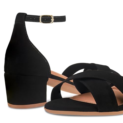 Sandália Feminina Salto Baixo Bloco Casual Moda Tira Cruzada Nobuck Preto (Preto, BR, Adulto, Numéri