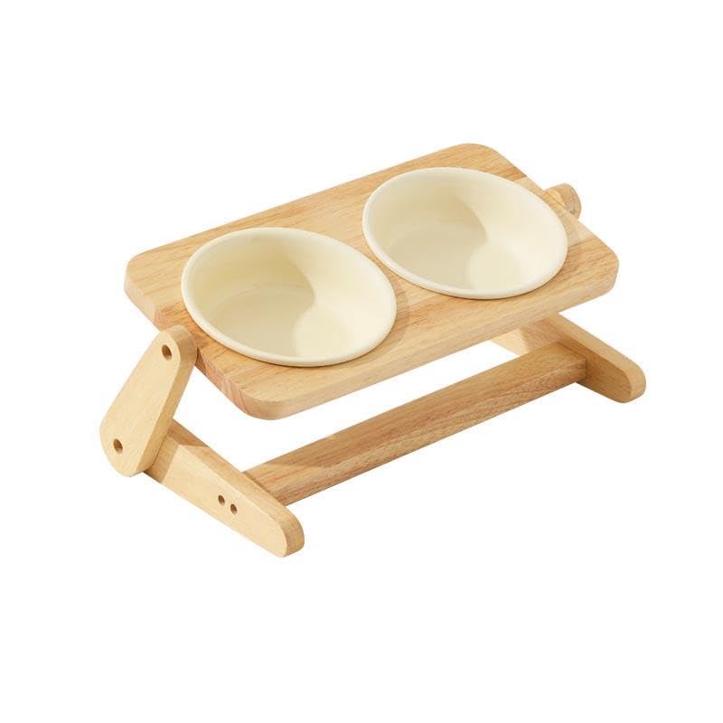 pet wiz Raised Ceramic Pet Bowls with Height & Angle Adjustable Wooden Stand – Supporting Posture and Digestion | Non-Slip Stand, Dishwasher-Safe Bowls (Cream, Medium)