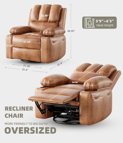 Image of GarveeHome Swivel Rocker Recliner Chair with Heat and Massage | Manual Leather Nursery Glider Recliner for Adults, Rocking Chair with Side Pocket, Soft Pillow, Cup Holders for Living Room