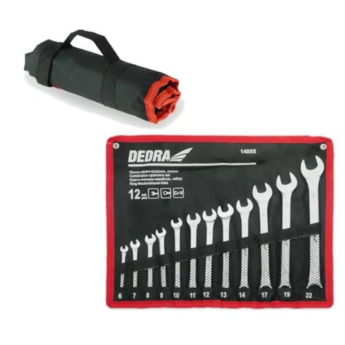 Dedra 1405s-Set Schlüssel flach mit Löchern Dedra 12-tlg Gabelringschlüssel Größe von 6mm bis 22mm mit Abdeckung mit satinierter Beschichtung mit Abdeckung