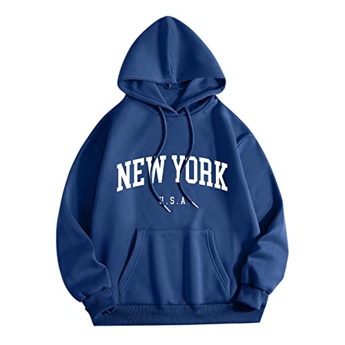 New York Usa Graphic Hoodies Trendy for Men Workou Drawstring Letter Pullover Tops Fall Western Long Sleeve Athletic