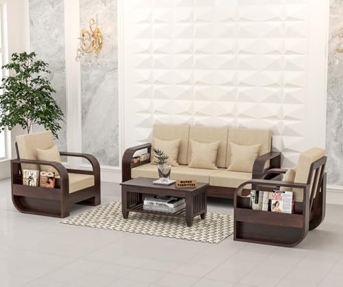 Image of Sheesham Wooden 5 Seater Sofa Set for Living Room | Solid Wood Sofa | Rosewood Sofa Set for Home & Office | Lounge (Walnut,Beige,3+1+1 Seater)
