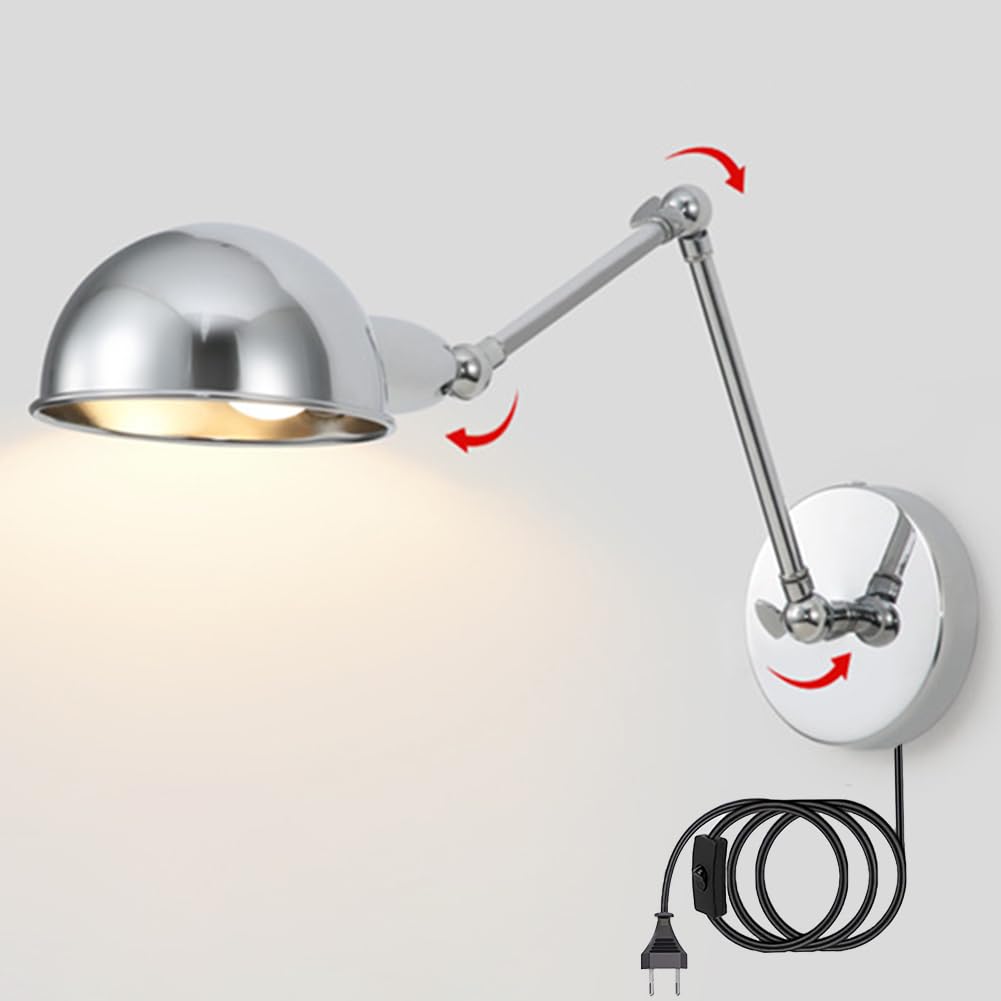 Retro Wandleuchte Verstellbare Schwenkarm Wandlampe mit Stecker Kabel Schalter Wandbeleuchtung Chrom Innen Nachttischlampe Ausziehbar Lange Arm Wand Leselampe Metall E27 Wohnzimmerleuchte