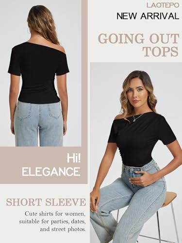 Off The Shoulder Tops for Women Going Out Summer Top Trendy Short Sleeve T Shirts Sexy Asymmetrical Blouses3