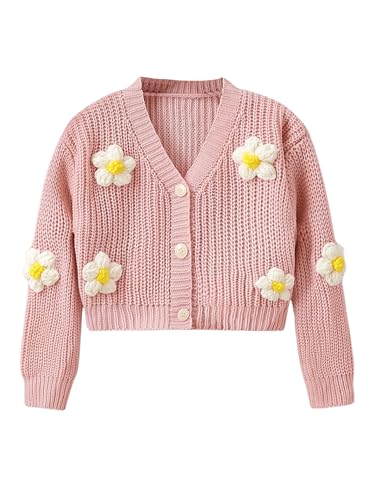 WDIRARA Girl's Cute Open Front Button Down Cardigans Long Sleeve Floral Flower Applique Knit Sweaters