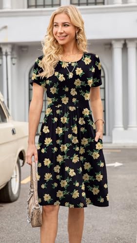 Image of DB MOON Women Summer Casual Short Sleeve Dresses Empire Waist Dress with Pockets