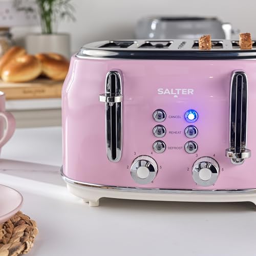 Salter Retro Pink 4-Slice Toaster – Wide Slots, 6 Browning Levels, Defrost, Reheat, Cancel Functions, Removable Crumb Tray, Extra Thick Bread, High-Lift Eject, Self-Centring, Vintage Design, 1630W
