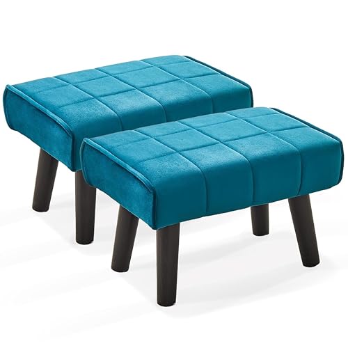 Image of Wood Modern Legs, Velvet Ottoman, Puffy Seating, Footrest, and Stool Two Contemporary stepstools for The Living Area, Bedroom, and Sofa (Set of 2 Aqua)