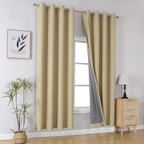 Image of Joydeco Beige Black Out Curtains 84 Inch Long 2 Panels Burg for Livingroom, Grommet Room Darkening Curtains 84 Inches Long for Bedroom, Solid Polyester Thermal Insulated Drapes for Windows