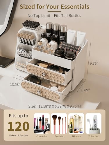 Image of Booklov Makeup Organizer for Vanity, Large Capacity Cosmetic Display Case with Drawers, Countertop Beauty Storage Holder for Skincare, Brush Eyeliner Perfume Eyeshadow Lipsticks, Counter Desk, White