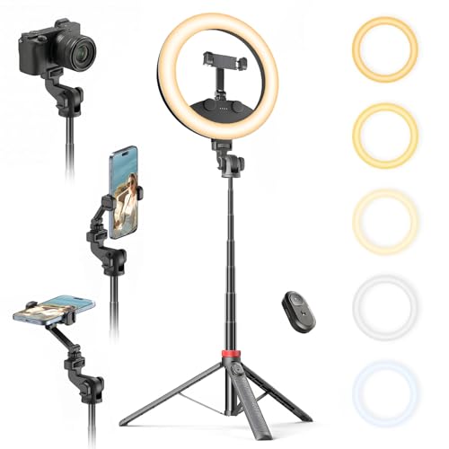 10Selfie Ring Light with 64Tripod Stand Rechargeable Ring Light with Phone Holder and Remote Control Adjustable Color Temperature and Brightness 5000mAh Battery Live Streaming Makeup Travel Gaming