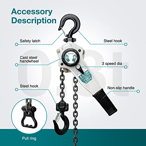 Image of TOYO Lever Chain Hoist 1750Lbs 10ft,Chain Come Along 0.8T 10Ft Ratchet Chain Puller Hoist Alloy Steel G80 Chain 2 Heavy Duty Hooks for Building Warehouse Automotive Garages Machinery (1750LB 10FT)