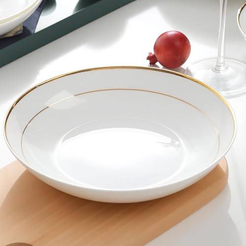 BoaLumi 8 Inch Ceramic Dinner Plate with Gold Rim, Elegant White Porcelain Dinnerware for Pasta, Salad, Dessert, Dishwasher Safe, Wedding & Party Tableware - Set of 2