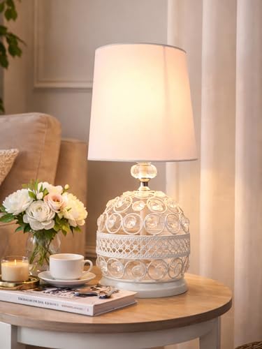Image of Modern Small Crystal Table Lamp | Contemporary Bedroom Bedside Nightstand Lamp | Minimalist Desk Globe Lamp for Living Room Girls Kids Room White Fabric Shade | White