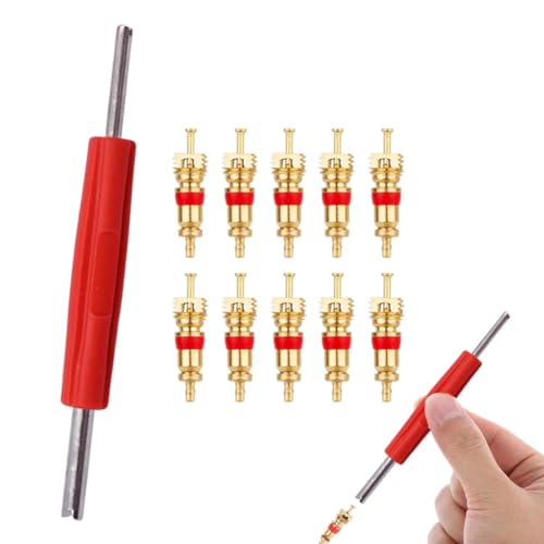 GNALIA Demonte Obus Valve 11 Pièces Rouge, Extracteur De Valve Avec 10 Noyaux Pour Voiture Moto Vélo 9.5X1.8X1Cm