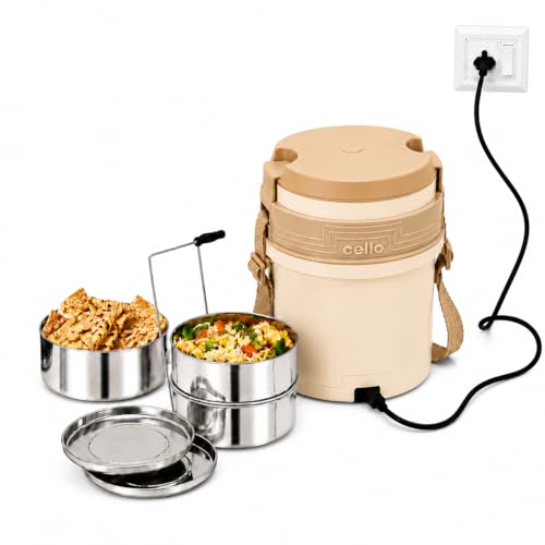 Image of CELLO Newton 3 Tier Compartment Stainless Steel Electric Lunch Box For Office Use, Beige | Shock Proof & Cool Touch Outer Body, Rubber Grip Lift Handle Leakproof Stainless Steel Electric Lunch Carrier