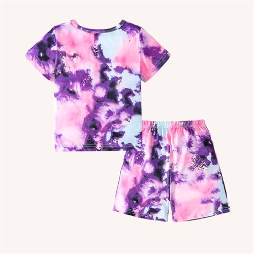 Image of Kids Girl Clothes Tie Dye Heart Print Short Sleeve Top and Shorts Toddler Girl Summer Outfits Short Set