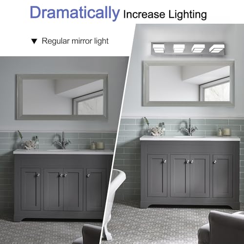 Image of Modern 4 Light Long Bathroom Lamp - Chrome Stainless Steel Acrylic LED Vanity Sconces for Bedroom, Living Room, Kitchen (Cool White 6000K)