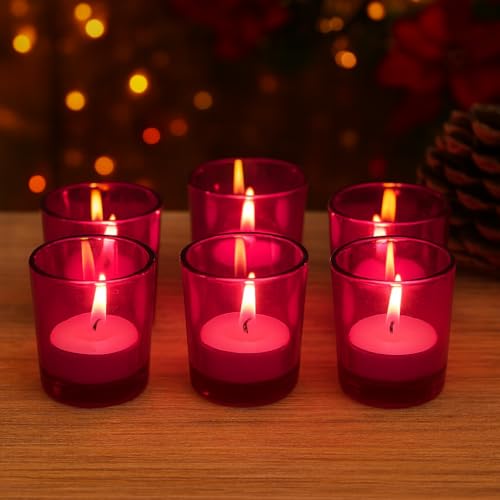 Image of Pure Source India Set of 12 Votive Glass Candle Holders with Tealight Candles | Decorative Diwali Lights for Home, Pooja & Festive Decor (Pink)