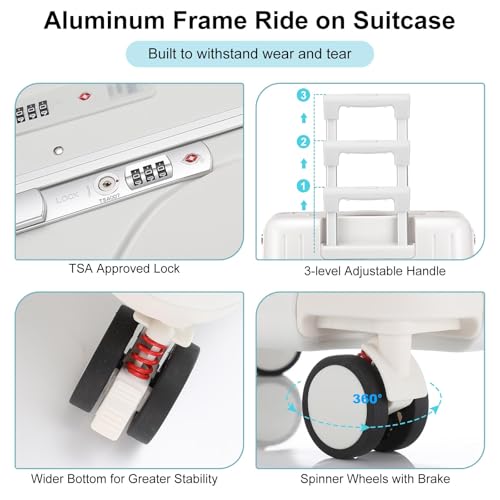 20 Inch Ride on Luggage with Seat for Kids Top Opening Aluminum Frame Suitcase with Spinner Wheels Locks for Travel(White) - Image 5
