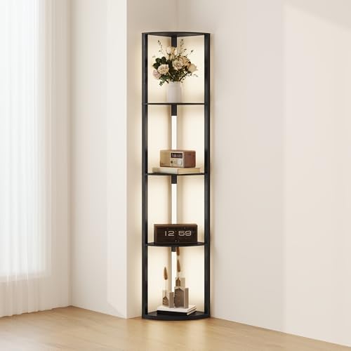 HOMCOM LED Floor Lamp with Shelves, 5-Tier Dimmable Standing Lamp with Adjustable Brightness and Foot Switch, Modern Corner Display Fan-Shaped Shelf Unit for Living Room Bedroom Office, Black