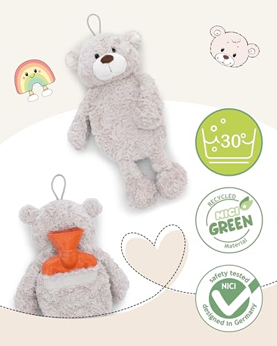 NICI Wärmflasche Bär Finni 300ml 34cm - grau - Kuscheliges Wärmetier ab 10 Monaten – Plüschtier-Wärmflasche, Wärmebeutel für Kinder und Erwachsene | 62330