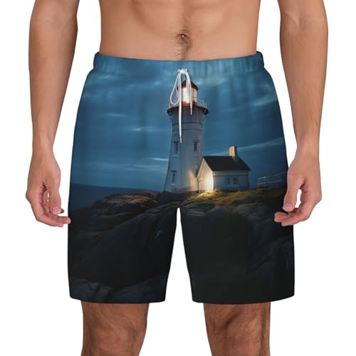 Men's Swim Trunks Quick Dry Board Shorts Lighthouse at Night Beach Shorts with Pocket Bathing Suits for Men
