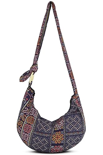 Image of Hobo Crossbody Bag for Women - Handmade Cotton Boho Purse with Wooden Ring | Lightweight Slouchy Shoulder Sling Tote Bag