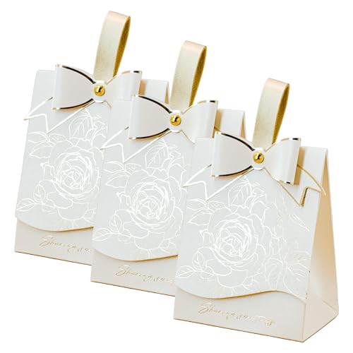 Rodvanvo 30 PCS Elegant Candy Gift Box Rose Pattern Bow Portable Candy Box Holiday Party Gift Box Bonbonniere (Ivory)