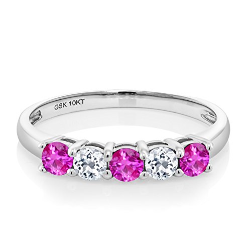 10K White Gold Pink Sapphire and White Topaz 5 Stone Wedding Engagement Anniversary Promise Ring For Women (0.67 Cttw, Round 3MM, Gemstone September Birthstone, Available In Size 5, 6, 7, 8, 9)2
