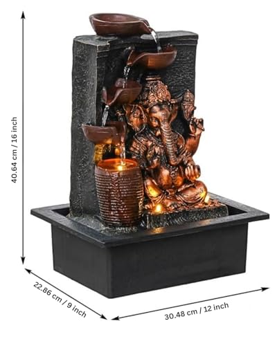 Image of UAG Exports Tabletop Indoor Water Fountain /Waterfall 4-Diya Ganesha Fountain with LED Light & Water Flow Controller Pump for Home Decor, Office, Bedroom, Gifting (Size: 40x30x22CM | Weight: 2075grm)