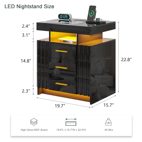 HNEBC LED Nightstand,Black Nightstand with Charging Station-USB+Type-C+Wireless Charging,Smart Bedside Table has Auto Sensor, High Gloss Night Stand with 3 Drawers for Bedroom