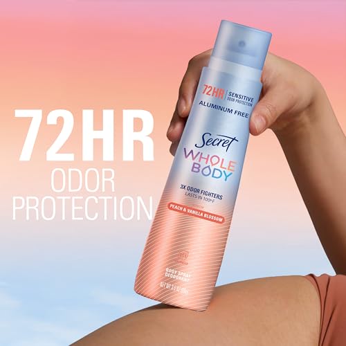 Secret Aluminum Free Whole Body Deodorant Spray for Women, 72hr Sensitive Freshness & Odor Defense, PH Balanced, Invisible Protection, Safe to Use Everywhere, Peach & Vanilla Blossom Scent, 3.5 oz - image 4