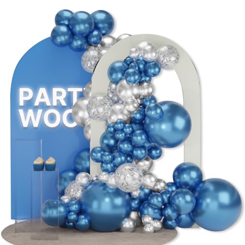 Image of PartyWoo Blue and Silver Balloons, 100 pcs Metallic Blue and Metallic Silver Balloons Different Sizes Pack of 18 Inch 12 Inch 10 Inch 5 Inch for Balloon Garland or Balloon Arch as Party Decorations