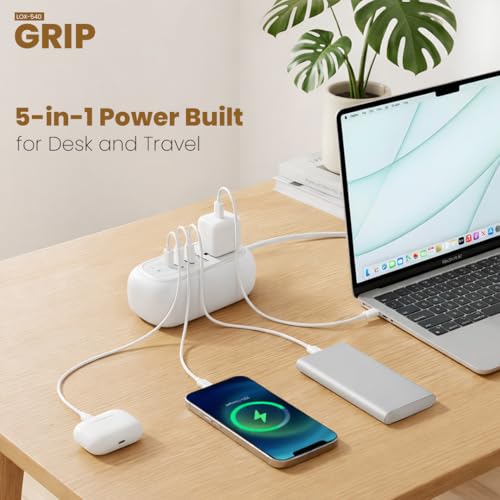 Image of LAPCARE Grip 5-in-1 Desktop Power Strip with 67W GaN Fast Charging, 2 Universal 3 Pin Socket, 2 Type-C PD Ports, 1 USB-A Port, Surge Protection, Fire-Resistant, Compact Power Hub for Home & Office