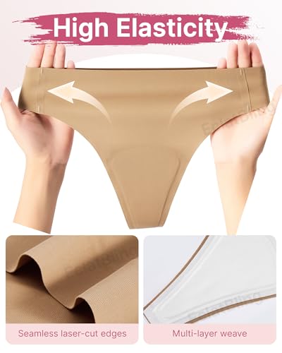 Image of Seamless Workout Thongs for Women - No Show Womens Underwear with Wide Gusset Invisible Panties Nude&Black 2 Pack