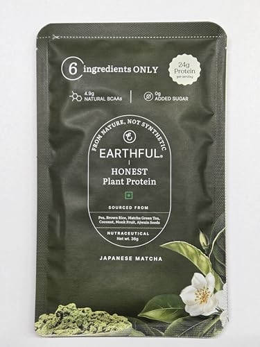 Image of Earthful Honest Plant Protein | 24g Protein /Serving & 4.9g BCCAs | For Weight Management, Energy, Muscle Support & Recovery | Made with Pea & Brown Rice | Japanese Matcha - Six Single-use Sachets