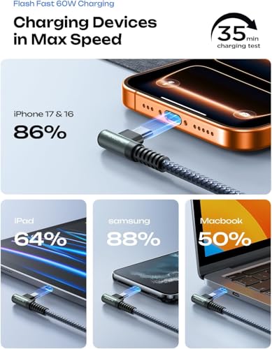 Image of AINOPE 60W USB C Cable 5Pack 3.3+3.3+6.6+6.6+10ft C to C Cable Fast Charging Type C Charger Fast Charging, Right Angle for Charging Fit for iPhone 17 Pro Max Samsung iPad MacBook