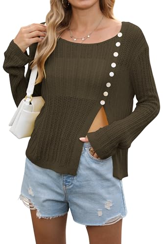 Womens Lightweight Sweaters Front Split Hem Button y2K Cute Fall Crochet Sweater Off Shoulder Fall Outfits