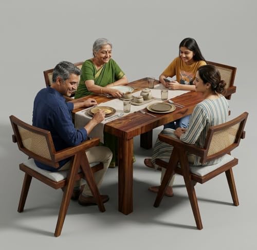 Image of Dining Table Set of 4, Wood 4 Seater Dining Table with Chair | Wooden Dining Table 4 Seater for Living Room || Folding Dining Table || Dining Room Furniture || Cane Chairs for Balcony Honey Finish