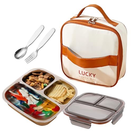 GUDGI stainless steel lunch box for kids with lids & Spoon Fork & Insulated Bag, Leak-Proof 3 Compartment Food Containers, Food-Grade 304 Stainless...