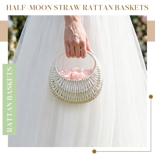 Image of Taiyin 2 Pack Rattan Flower Girl Basket Half Moon Straw Wicker Basket with Handle 6.7 inch x 6.5 inch x 4.3 inch Ideal for Wedding Flower Girl, Picnic, Garden Storage and Home Decor (White)