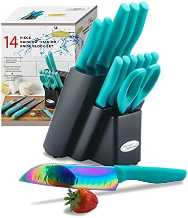 DISHWASHER SAFE Knife Set, Marco Almond®14PC Rainbow Titanium Kitchen Knife Set, KYA27 Knives sets for Kitchen with Block, Teal