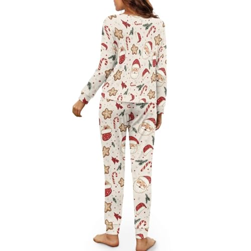 Image of Women's Pajama Sets Santa Claus Star Print Long Sleeve Sleepwear 2 Piece Pjs Lounge Sets Round Neck Loungewear Soft Comfy Nightwear with Long Pants, L