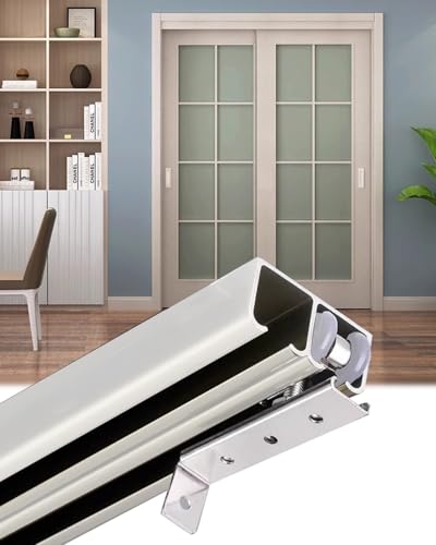 Kit de herrajes para puerta corredera para 2 puertas, sistema de doble pista para puertas plegables y de armario, fácil instalación, compatible con puertas de 5.5 pies a 12 pies