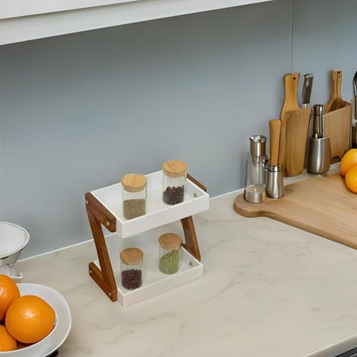 Image of Multipurpose Wooden Triangluar Countertop Spice Rack | Kitchen Counter Top Organizer | 2-Tier Kitchen Storage Organizer Tiered Shelf| Jars And Bottle Holder & Kithen Decor Item
