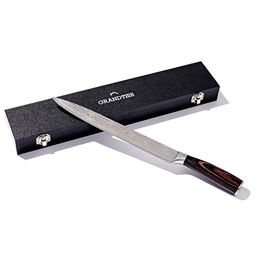 Grandties Meat Slicing Carving Knife Full Tang High Carbon German Stainless Steel Kitchen Cutlery with Ergonomic Pakkawood Handle for Brisket Turkey, 10 Inches Blade, Dark