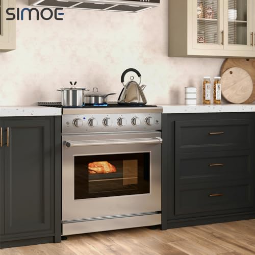 Image of SIMOE 30 Inches Gas Range Stove with 5 Sealed Burners, 4.55 Cu.Ft. Capacity Convection Gas Oven with 6 Cook Functions, Slide-In Range in Stainless Steel, Heavy Duty Cast Iron Grates