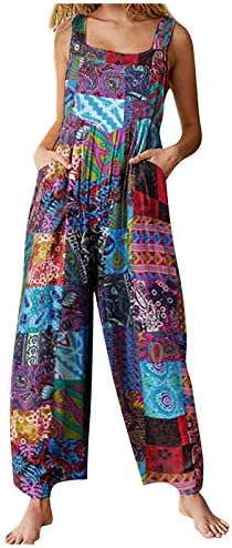 One Piece Jumpsuits for Women Patchwork Vintage Print Romper Buttons Suspender Overalls Wide Leg Jumpsuit Pockets (Blue, Medium)